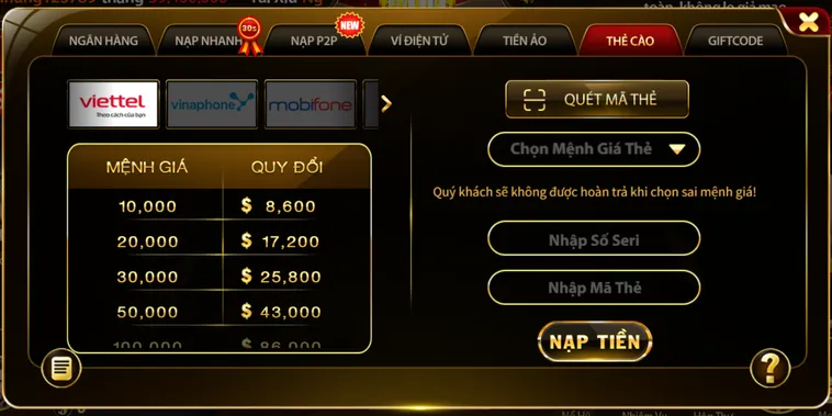 Nạp tiền thẻ cào phương thức an toàn tiện lợi tại Hitclub.
